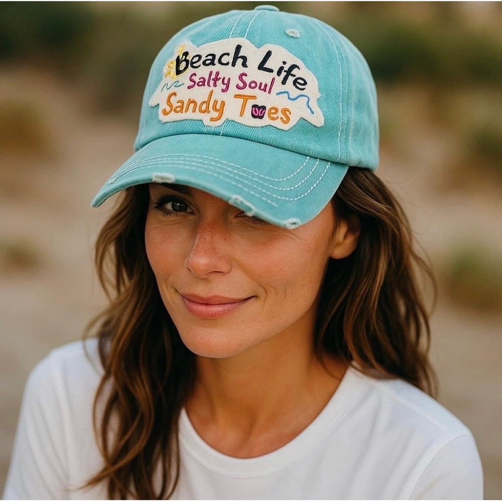 NWT Beach Life Salty Soul‎ Sandy Toes Embroidered Distressed Beach Cap